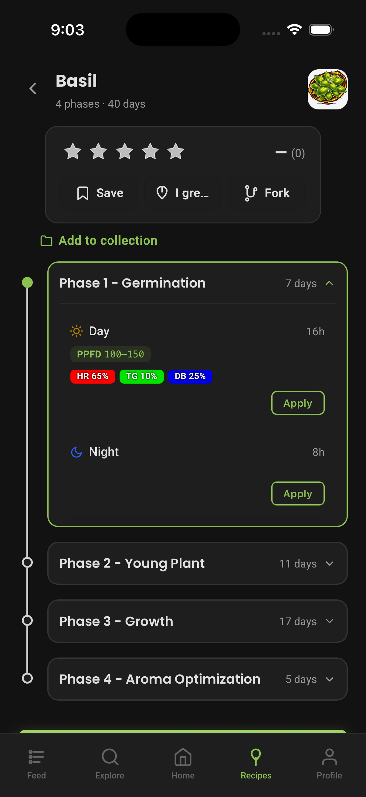 PlantaeLight App — Community-Rezept mit Sternebewertung, Speichern und Forken