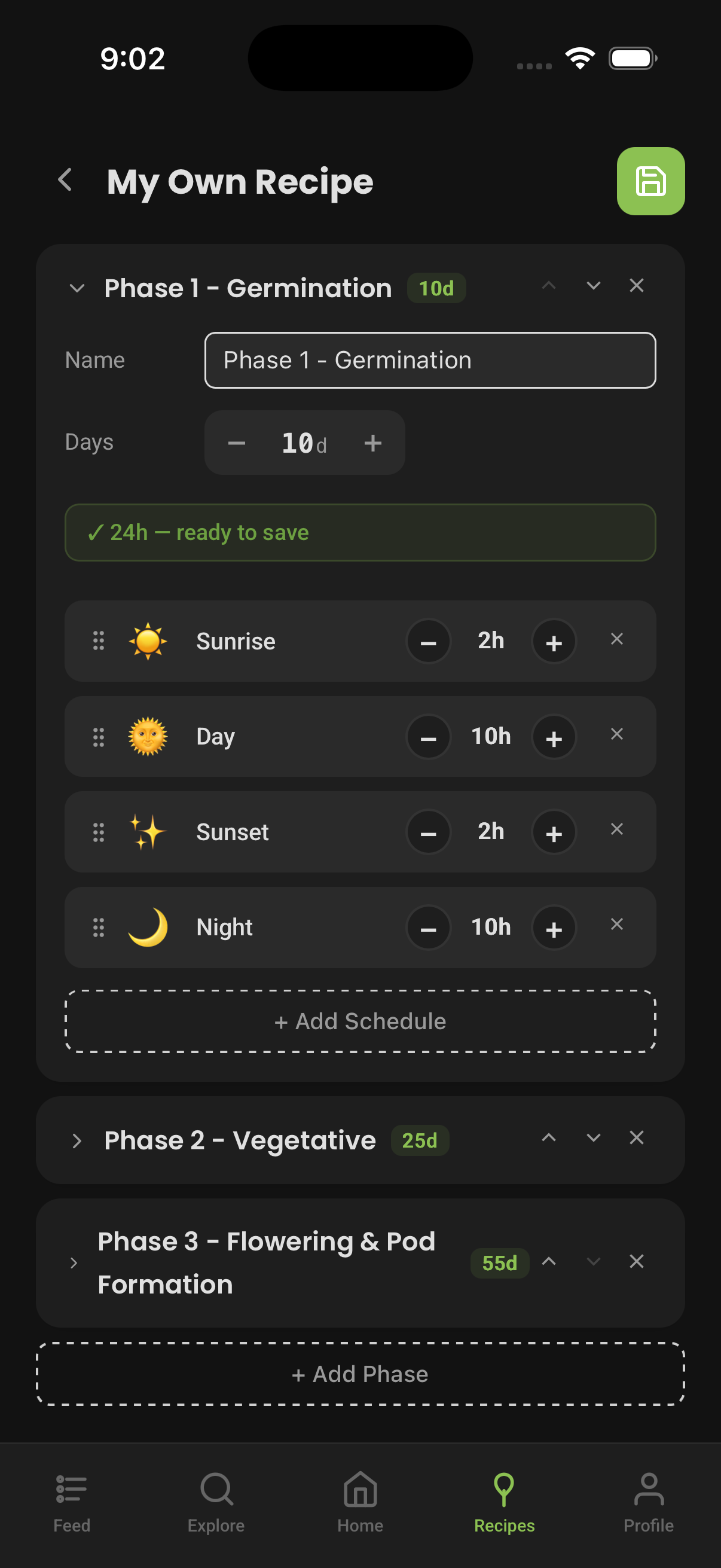 PlantaeLight App — mehrphasiger Zeitplan mit Sonnenaufgang, Tag, Sonnenuntergang und Nacht