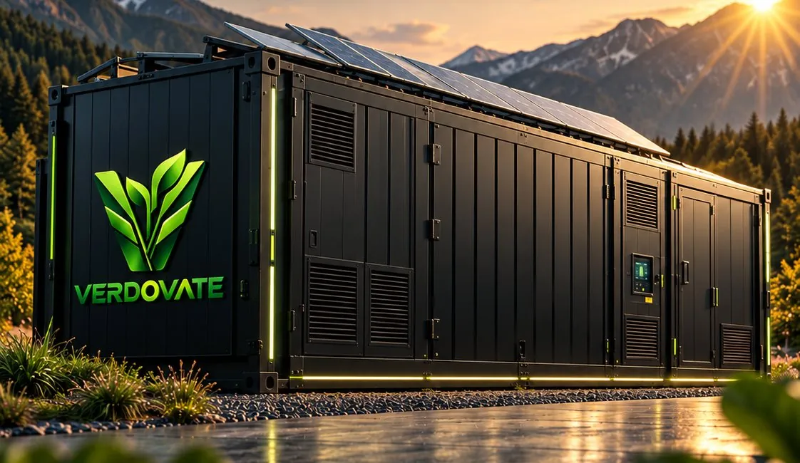 VERDOVATE Container-Farm mit Solardach vor Bergen