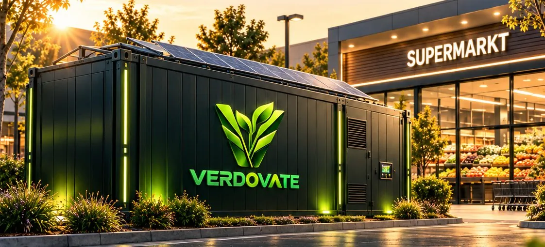 VERDOVATE Container-Farm neben einem Supermarkt