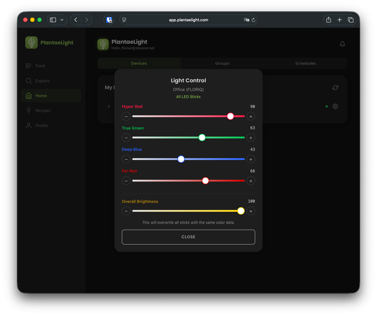 PlantaeLight Web-Dashboard — Live-Lichtsteuerung