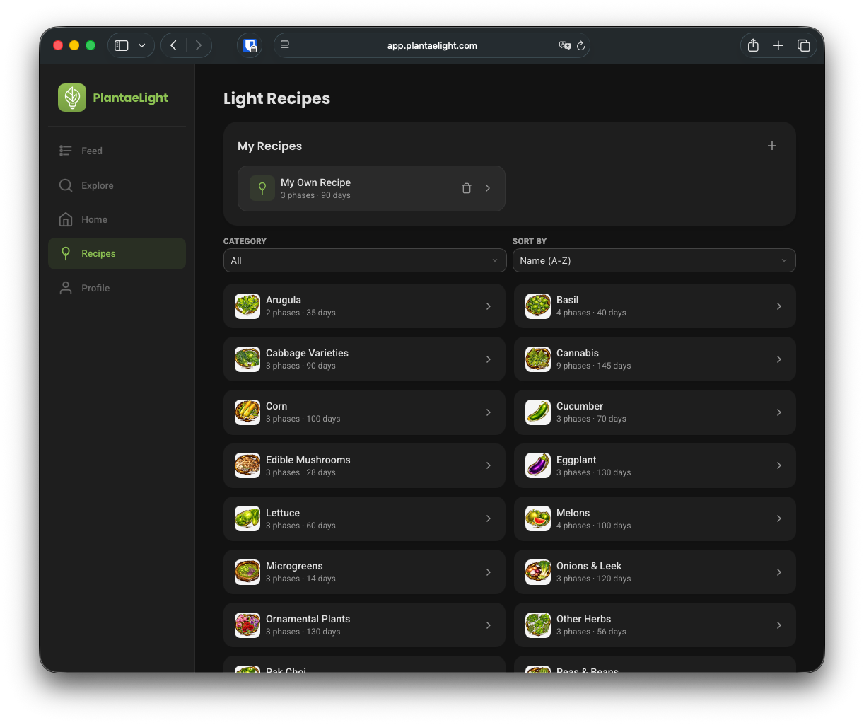 PlantaeLight Web-Dashboard — Rezeptübersicht auf app.plantaelight.com